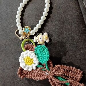 Crochet Flower Keychain with Pearl Beads